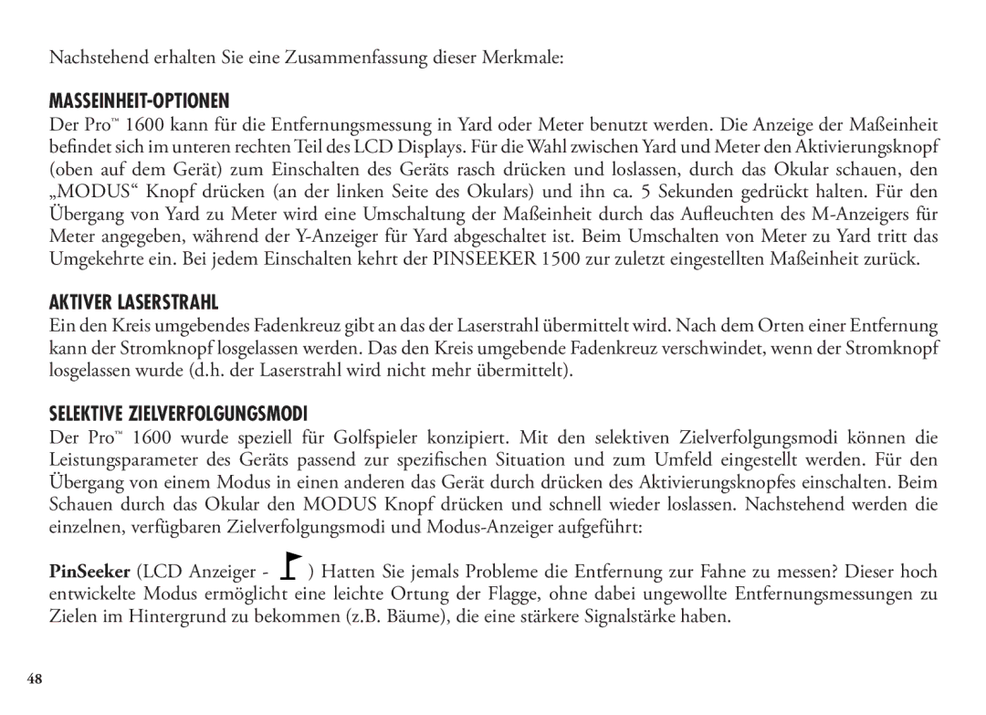 Bushnell 98-1342/12-08, 20 5106, 20 5105 manual Masseinheit-Optionen, Aktiver Laserstrahl, Selektive Zielverfolgungsmodi 