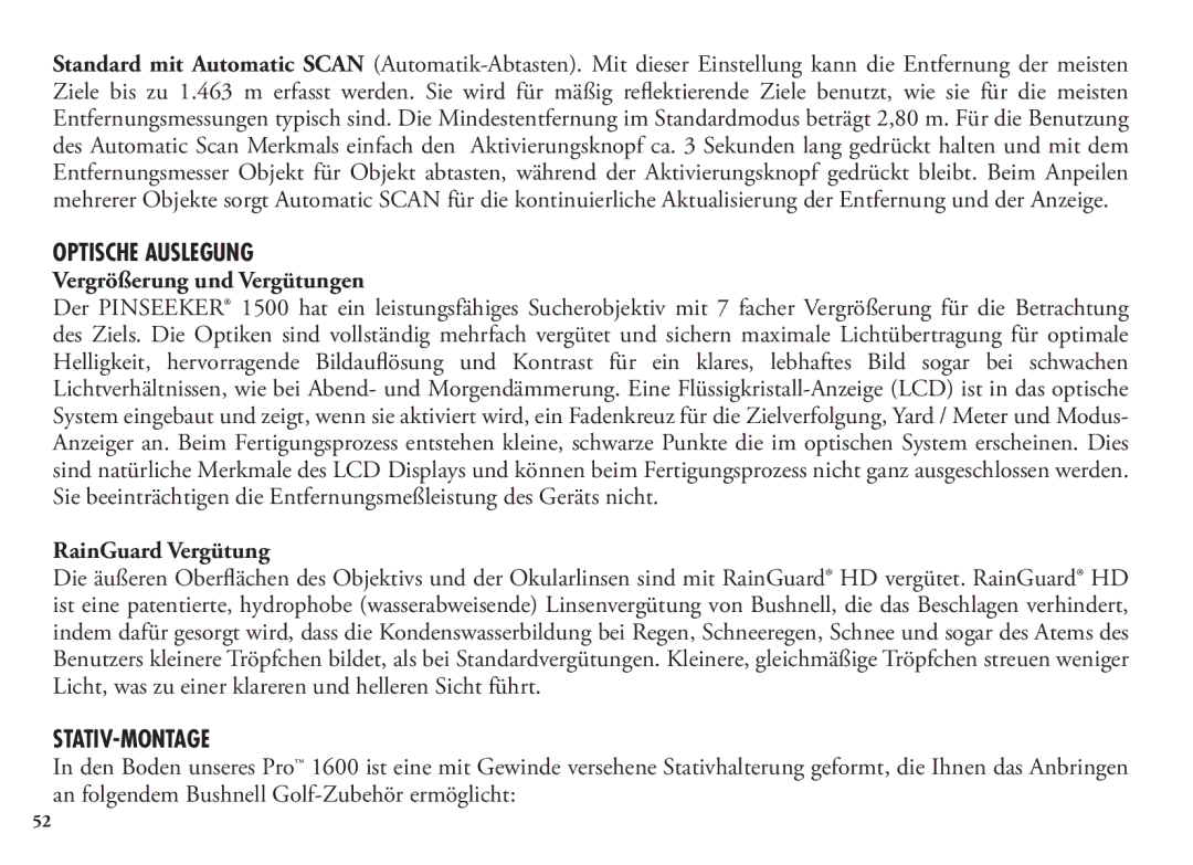 Bushnell 20 5106, 20 5105 manual Optische Auslegung, Vergrößerung und Vergütungen, RainGuard Vergütung, Stativ-Montage 