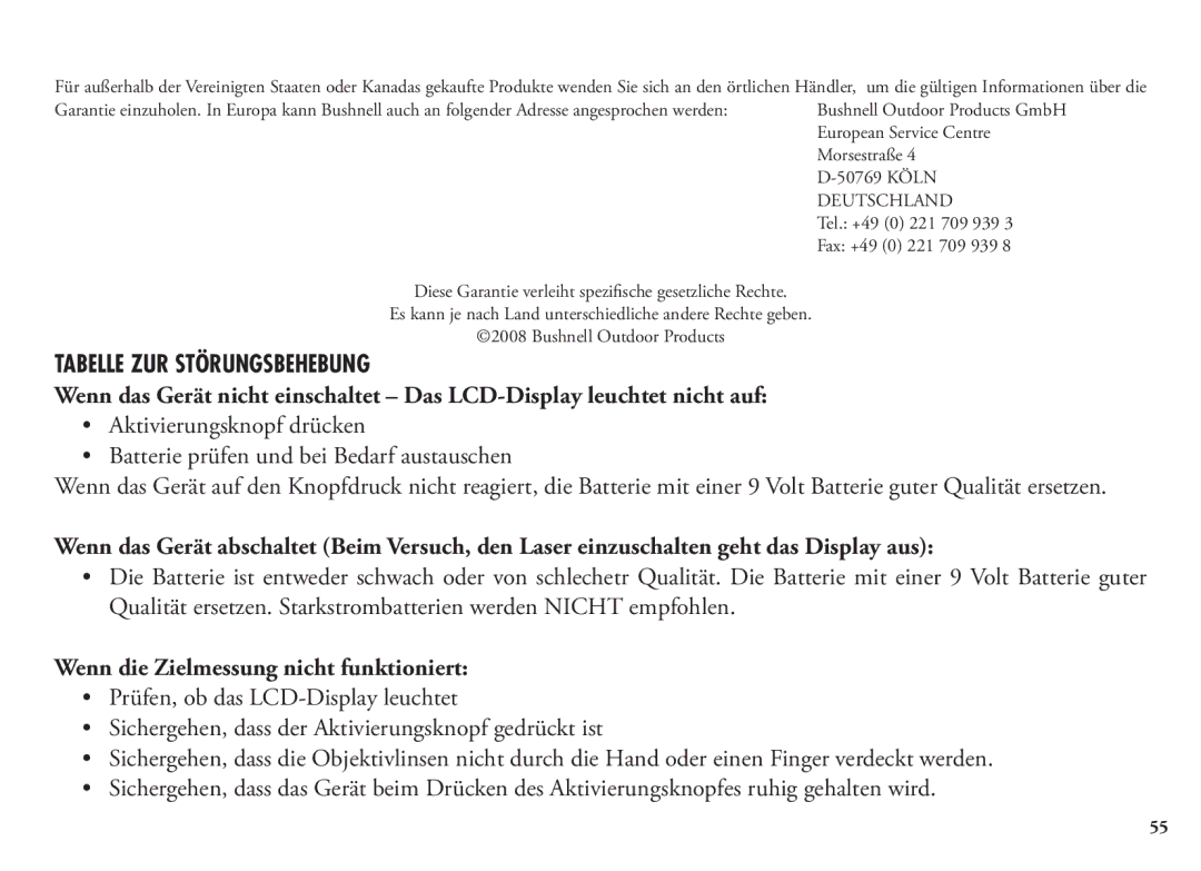 Bushnell 20 5106, 20 5105, 98-1342/12-08 manual Tabelle ZUR Störungsbehebung, Wenn die Zielmessung nicht funktioniert 