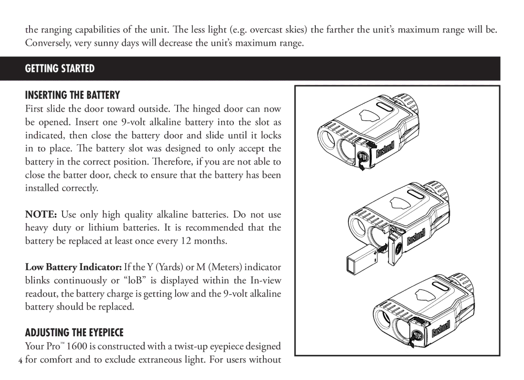 Bushnell 20 5106, 20 5105, 98-1342/12-08 manual Inserting the Battery, Adjusting the Eyepiece 