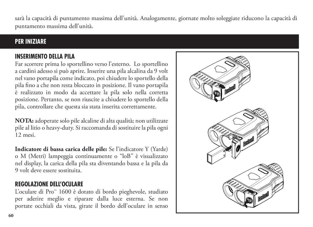 Bushnell 98-1342/12-08, 20 5106, 20 5105 manual Inserimento Della Pila, Regolazione DELL’OCULARE 