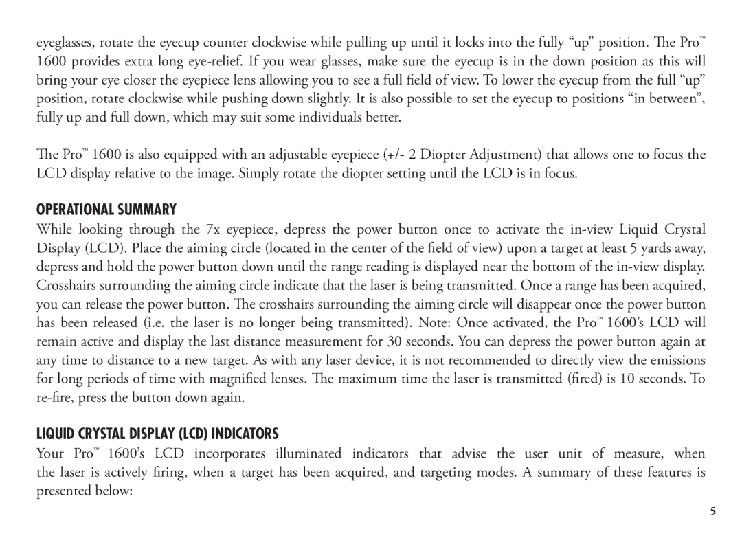 Bushnell 20 5105, 20 5106, 98-1342/12-08 manual Operational Summary, Liquid Crystal Display LCD Indicators 