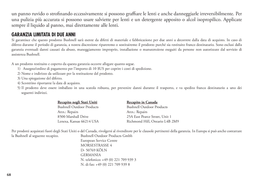 Bushnell 20 5105, 20 5106, 98-1342/12-08 manual Garanzia Limitata DI DUE Anni, Recapito negli Stati Uniti Recapito in Canada 