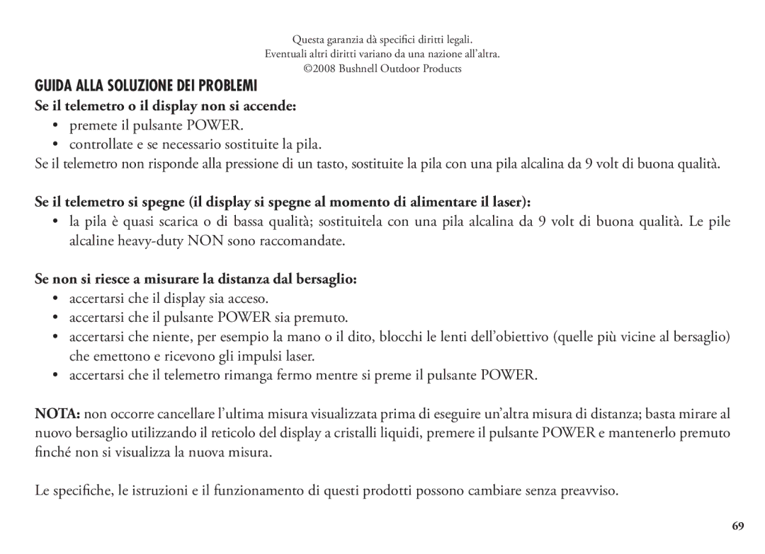 Bushnell 98-1342/12-08, 20 5106, 20 5105 Guida Alla Soluzione DEI Problemi, Se il telemetro o il display non si accende 