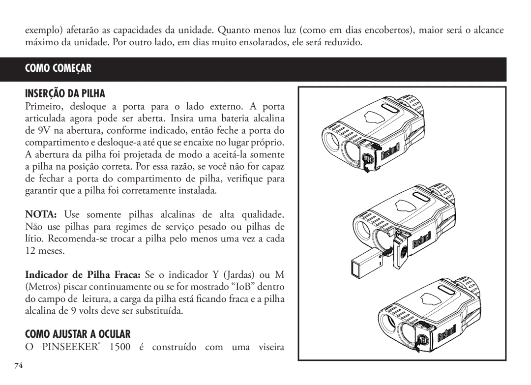 Bushnell 20 5105, 20 5106, 98-1342/12-08 manual Inserção DA Pilha, Como Ajustar a Ocular 