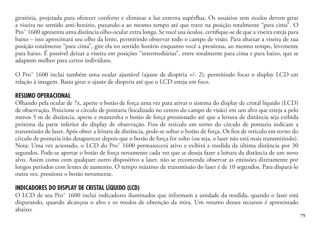 Bushnell 98-1342/12-08, 20 5106, 20 5105 manual Resumo Operacional, Indicadores do Display DE Cristal Líquido LCD 