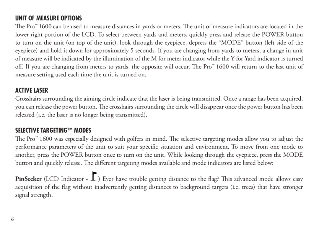 Bushnell 98-1342/12-08, 20 5106, 20 5105 manual Unit of Measure Options, Active Laser, Selective Targeting Modes 