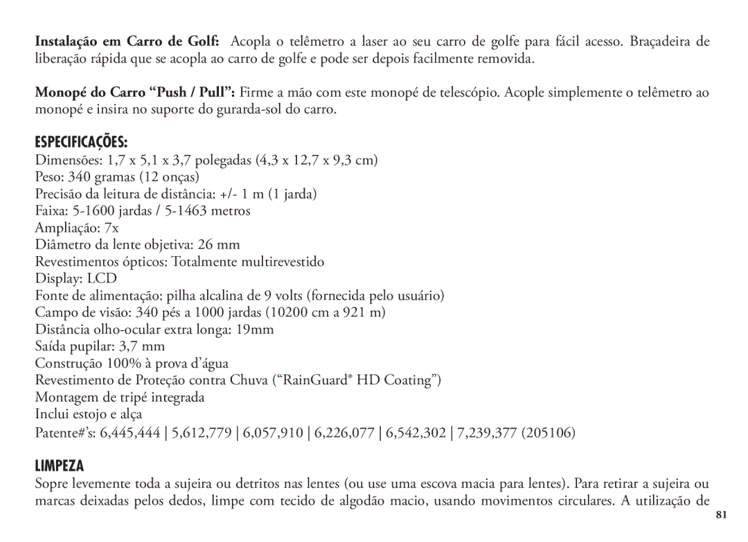 Bushnell 98-1342/12-08, 20 5106, 20 5105 manual Especificações, Limpeza 