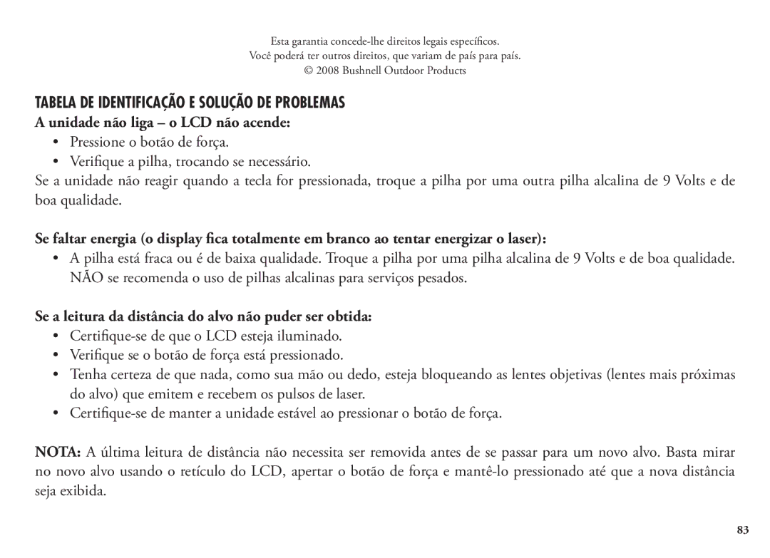 Bushnell 20 5105, 20 5106, 98-1342/12-08 Tabela DE Identificação E Solução DE Problemas, Unidade não liga o LCD não acende 