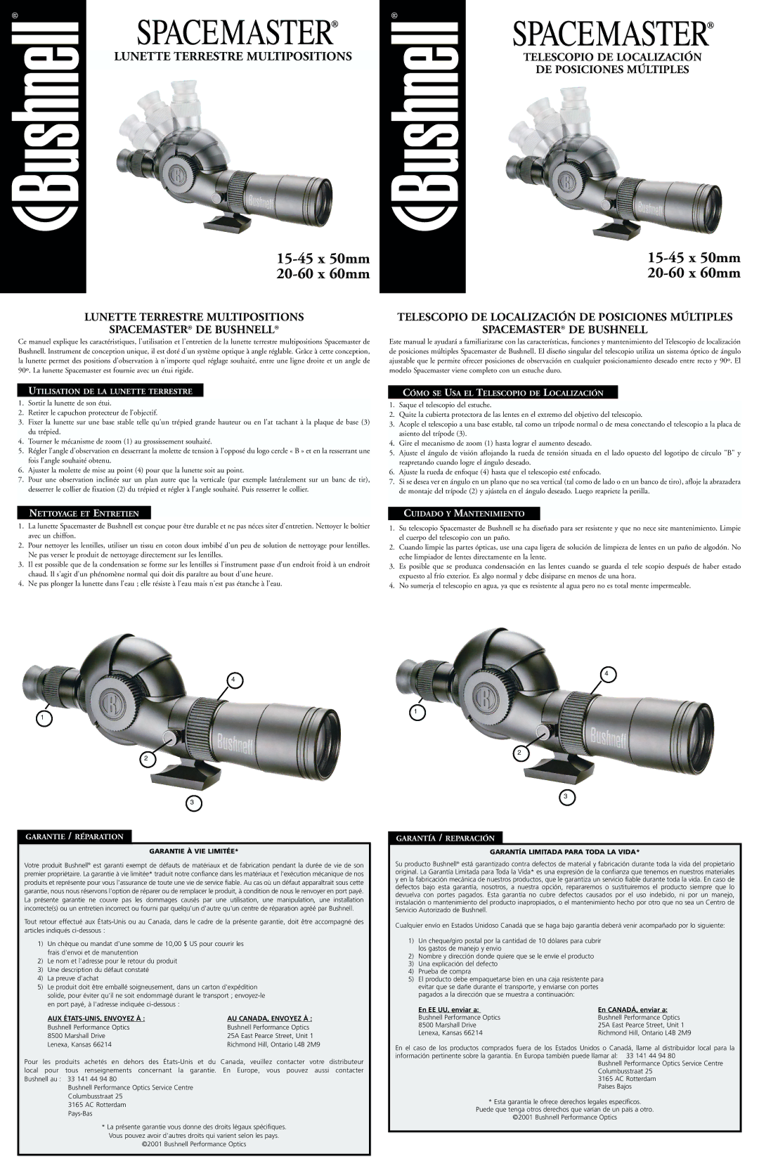 Bushnell 20-60 X 60MM, 15-45 X 50MM Utilisation DE LA Lunette Terrestre, Nettoyage ET Entretien, Garantie / Réparation 