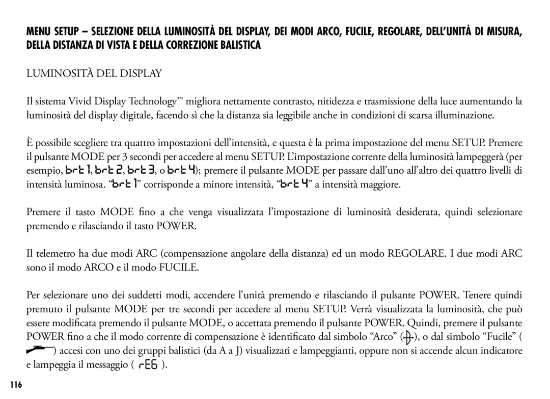 Bushnell 201042, 201250 manual Luminosità DEL Display, Lampeggia il messaggio 