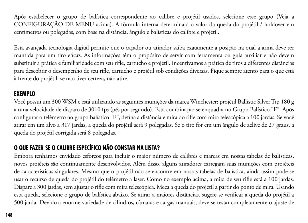 Bushnell 201042, 201250 manual Exemplo, Que fazer se o calibre específico não constar na lista? 