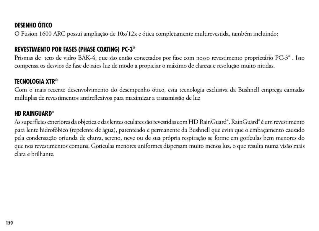 Bushnell 201042, 201250 manual Desenho Ótico, Revestimento por Fases Phase Coating PC-3 