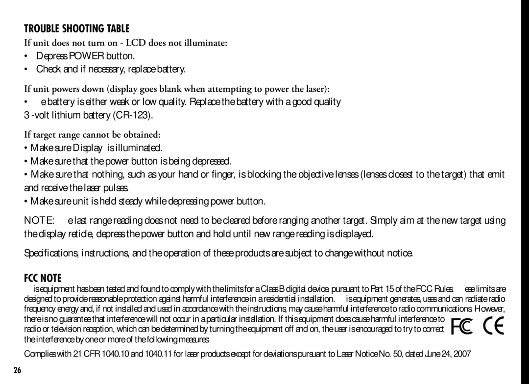 Bushnell 201042, 201250 manual Trouble Shooting Table, FCC Note 