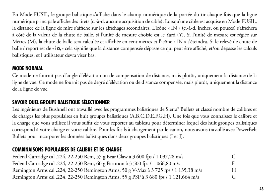 Bushnell 201250 Mode Normal, Savoir Quel Groupe Balistique Sélectionner, Combinaisons populaires de calibre et de charge 