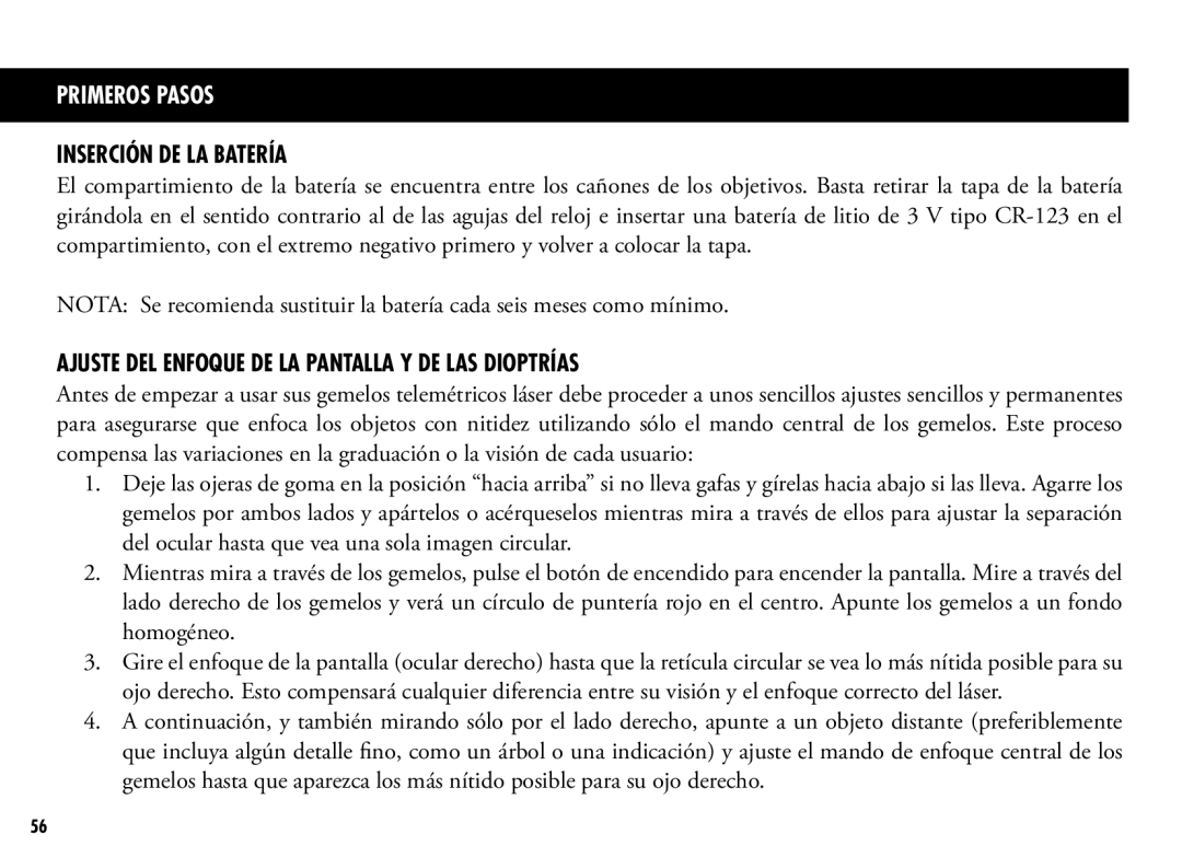 Bushnell 201042, 201250 manual Inserción DE LA Batería, Ajuste DEL Enfoque DE LA Pantalla Y DE LAS Dioptrías 