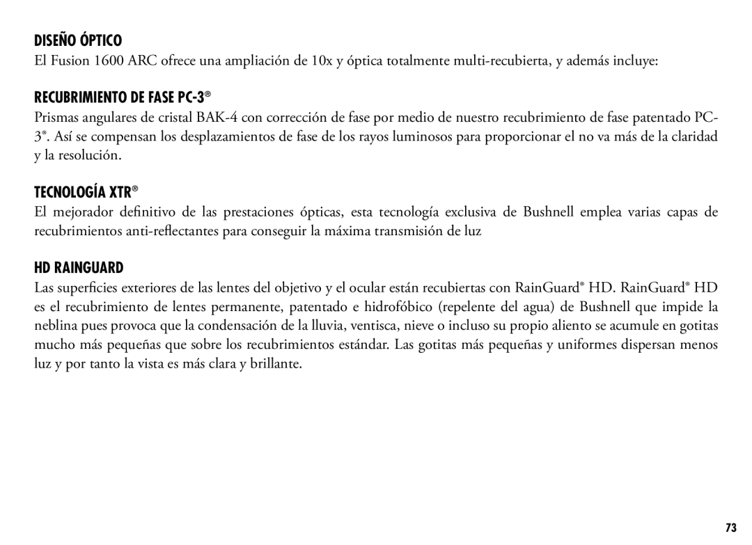 Bushnell 201250, 201042 manual Diseño Óptico, Recubrimiento de fase PC-3, Tecnología XTR, HD RainGuard 