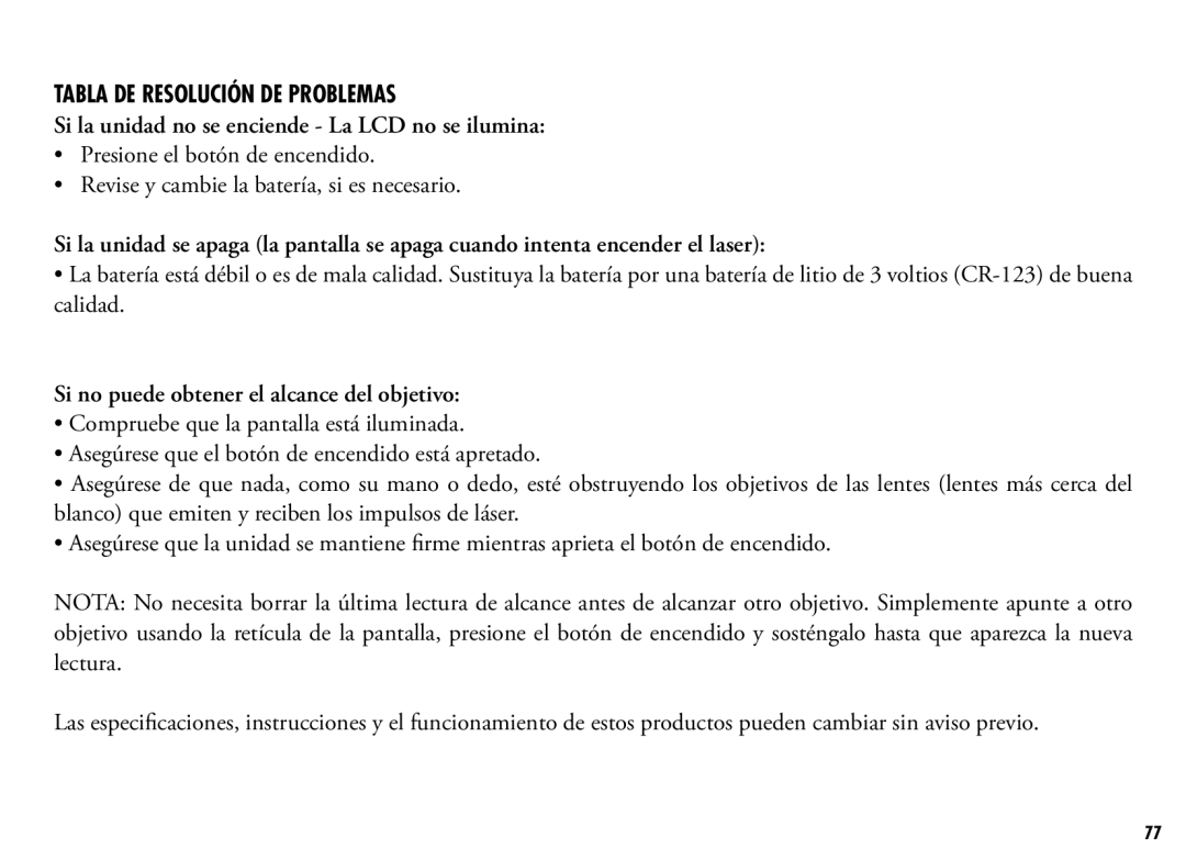 Bushnell 201250, 201042 manual Tabla DE Resolución DE Problemas, Si la unidad no se enciende La LCD no se ilumina 