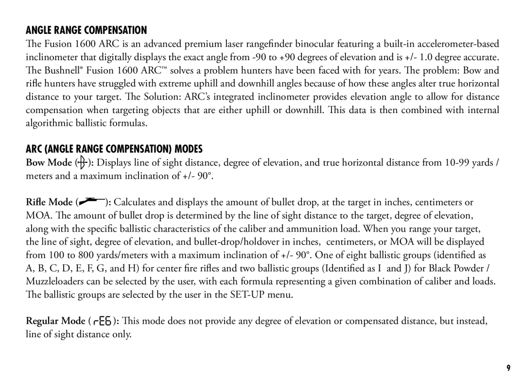 Bushnell 201250, 201042 manual ARC Angle Range Compensation Modes 