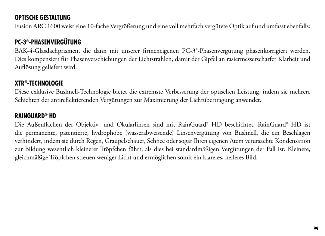 Bushnell 201250, 201042 manual Optische Gestaltung, PC-3-Phasenvergütung, XTR-Technologie 