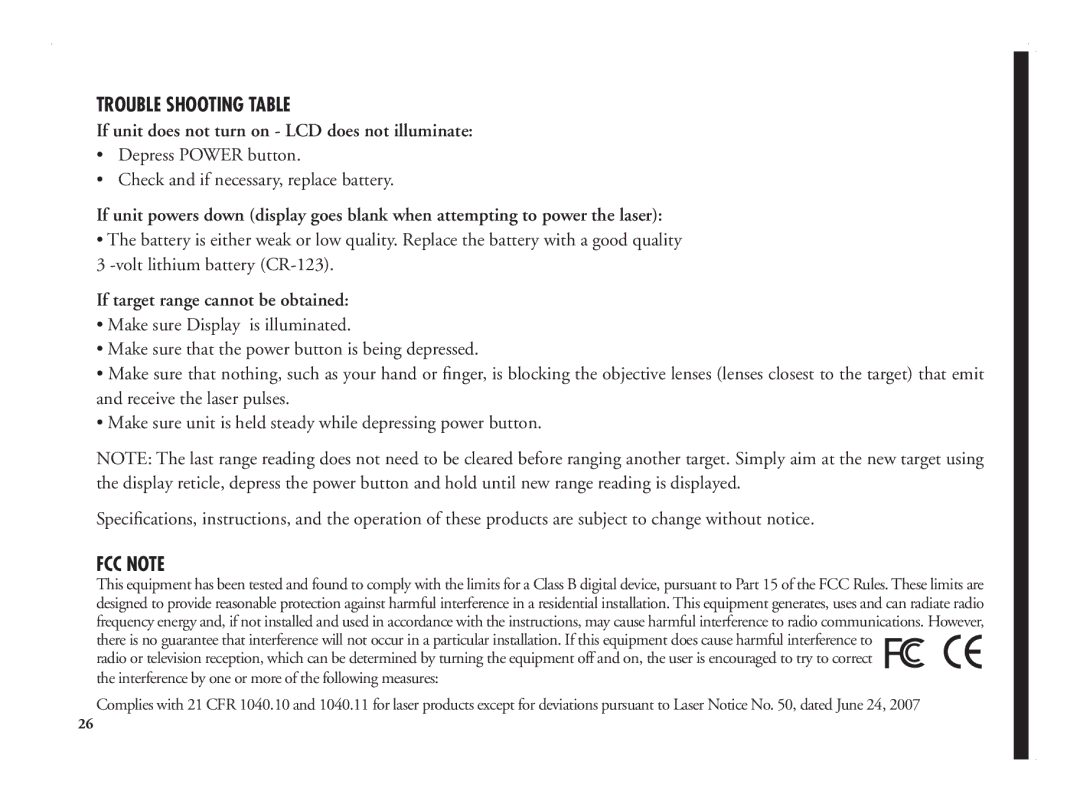 Bushnell 201042 manual Trouble Shooting Table, FCC Note 