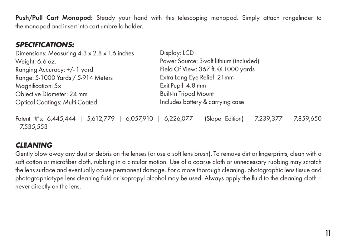 Bushnell 201360, 201361 manual Specifications, Cleaning 