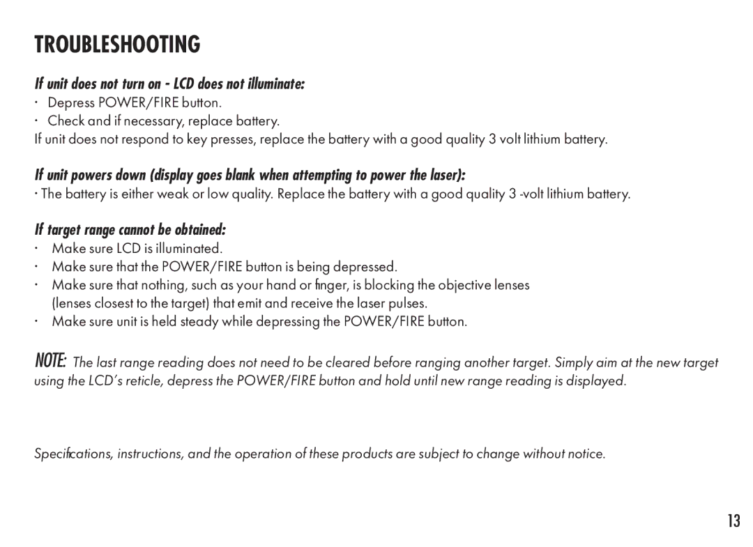 Bushnell 201360, 201361 manual If unit does not turn on LCD does not illuminate, If target range cannot be obtained 