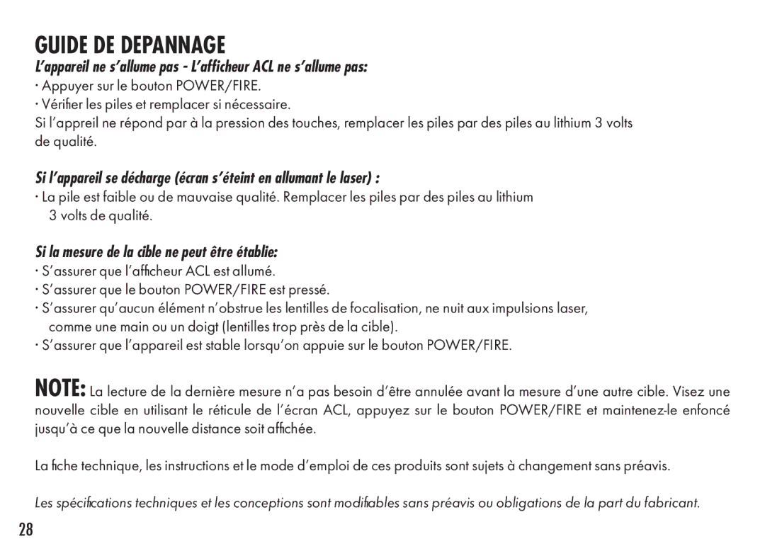 Bushnell 201361 ’appareil ne s’allume pas L’afficheur ACL ne s’allume pas, Si la mesure de la cible ne peut être établie 