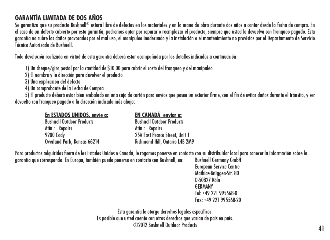 Bushnell 201360, 201361 manual Garantía Limitada DE DOS Años, Cody Overland Park, Kansas 
