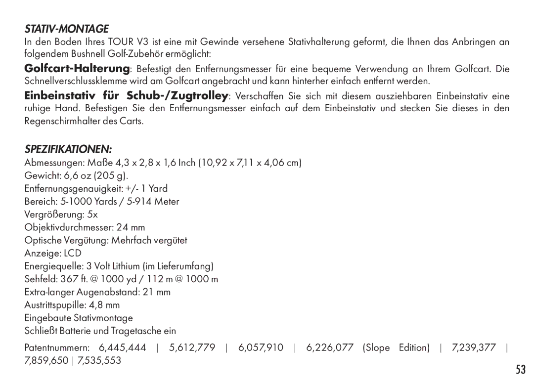 Bushnell 201360, 201361 manual Stativ-Montage, Spezifikationen 