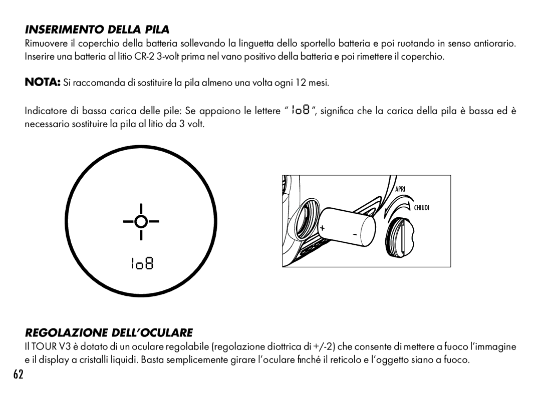 Bushnell 201361, 201360 manual Inserimento Della Pila, Regolazione DELL’OCULARE 