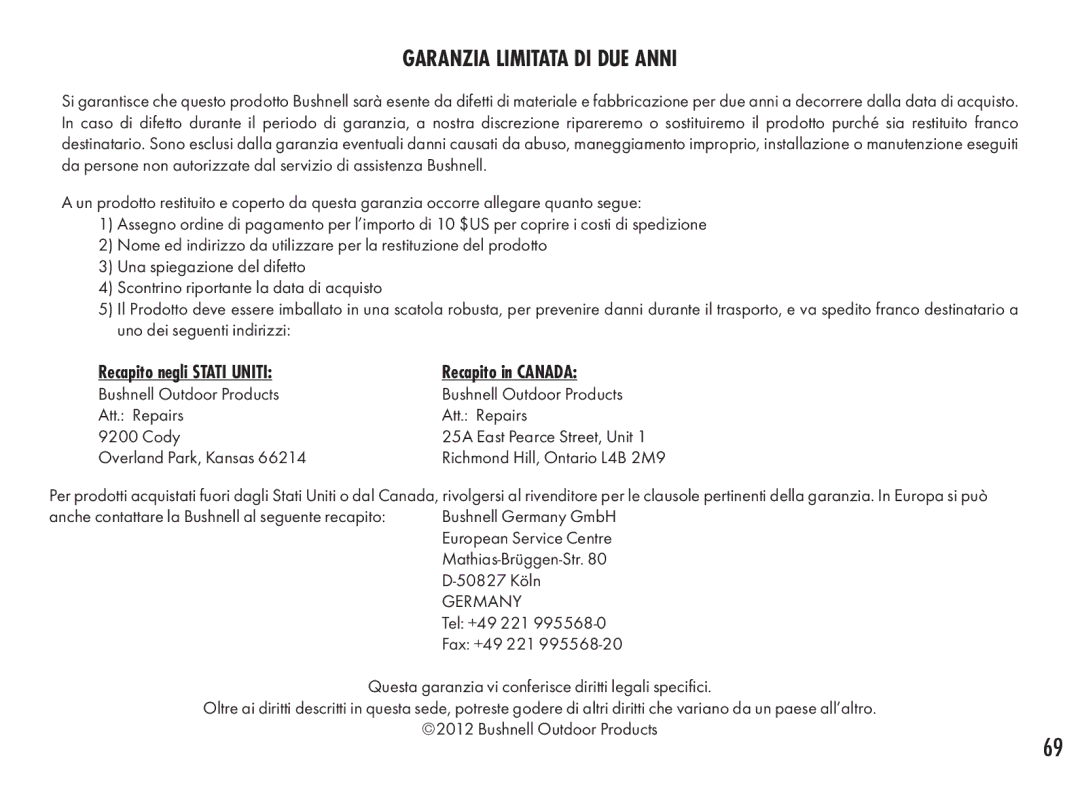 Bushnell 201360, 201361 manual Garanzia Limitata DI DUE Anni, Recapito negli Stati Uniti Recapito in Canada 