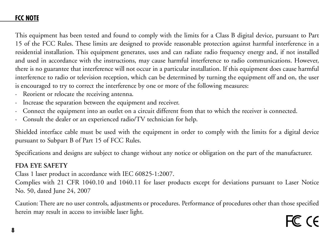 Bushnell 201921C, 201916CG manual FCC Note, FDA Eye Safety 