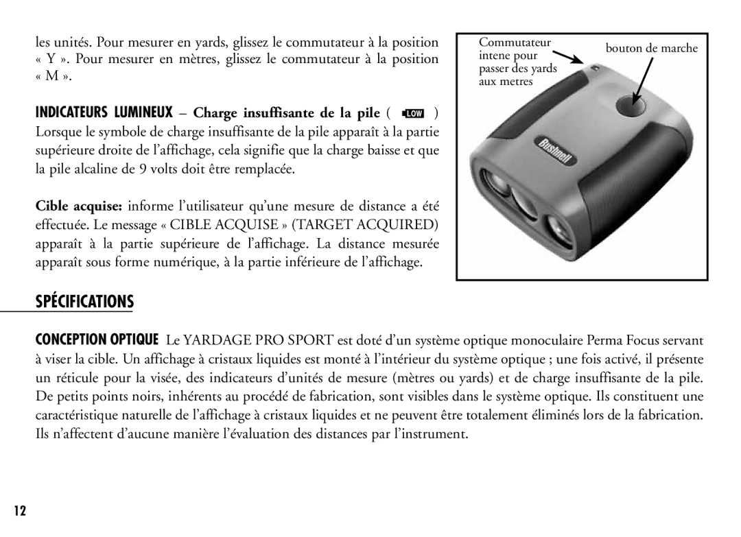 Bushnell 201916CG, 201921C manual Spécifications, « M » 