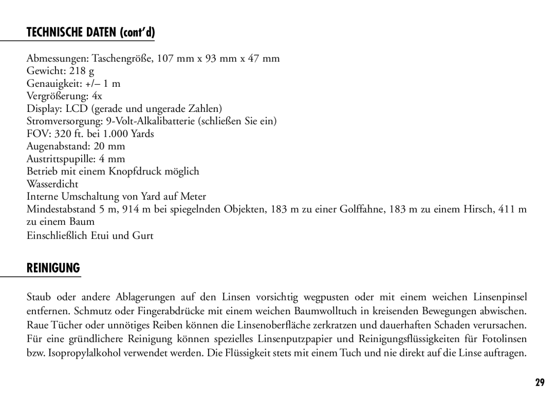 Bushnell 201921C, 201916CG manual Technische Daten cont’d, Reinigung 