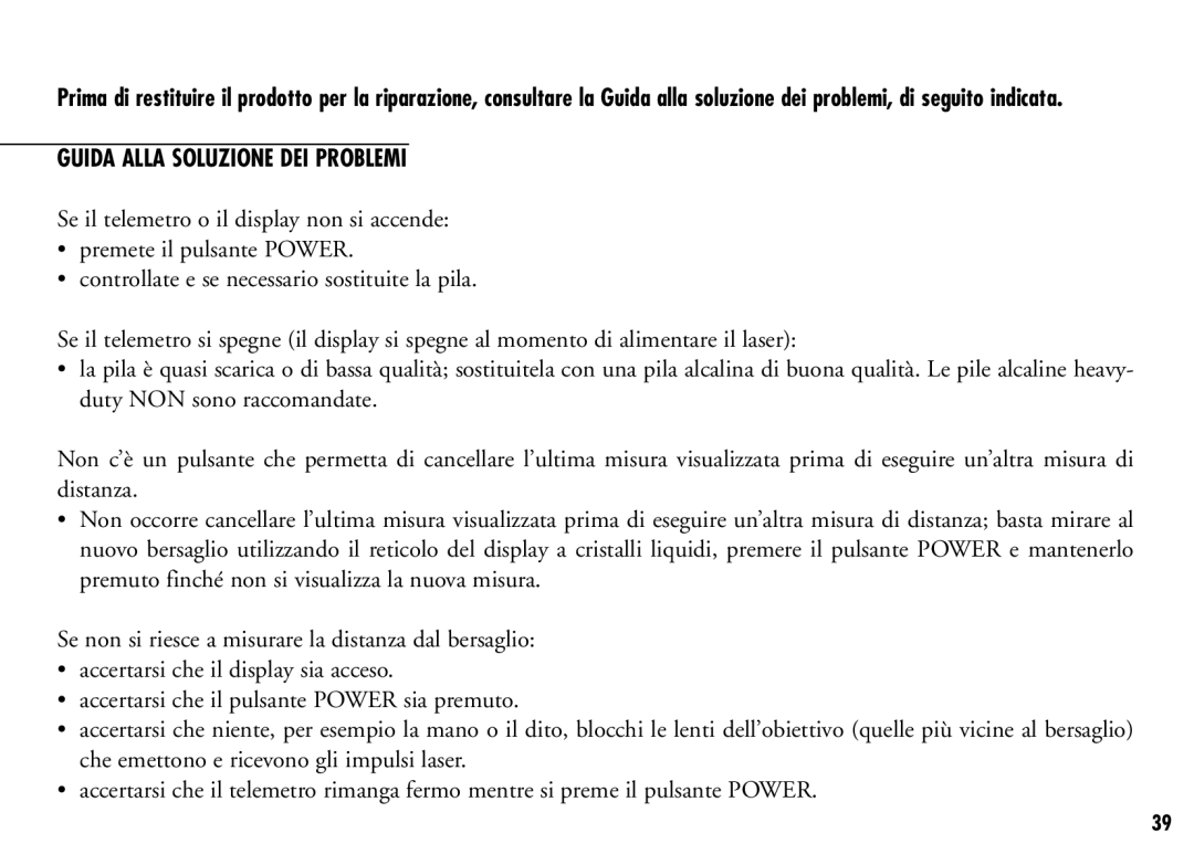 Bushnell 201921C, 201916CG manual Guida alla soluzione dei problemi 