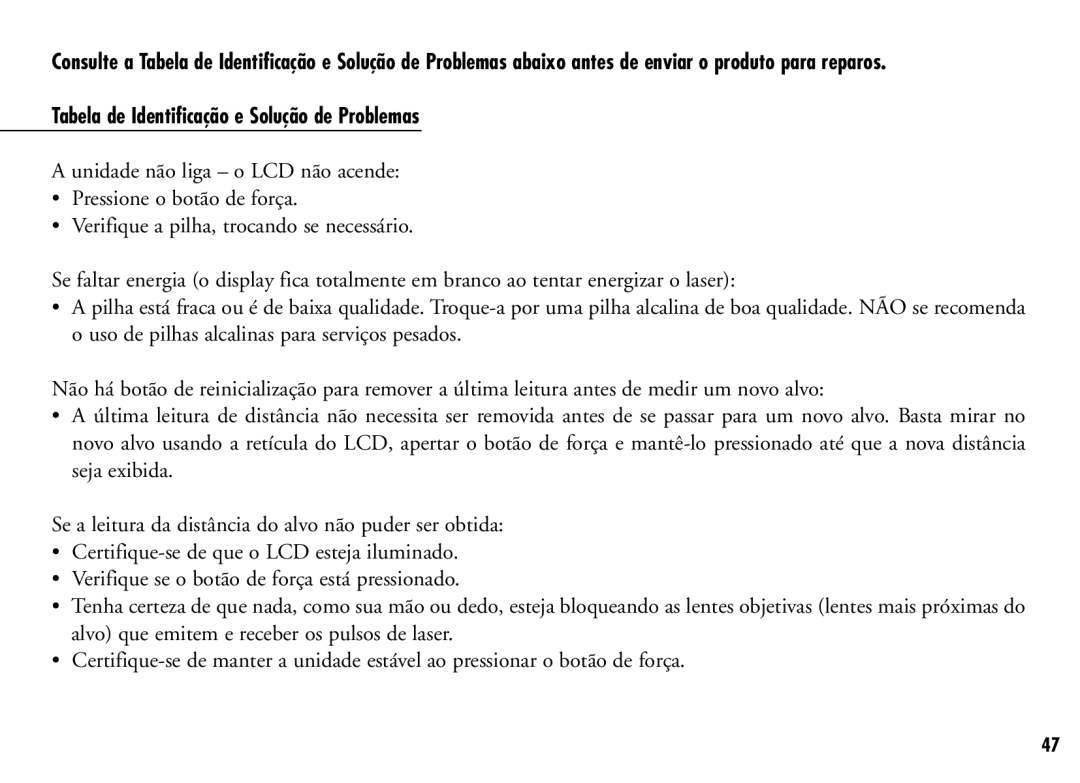 Bushnell 201916CG, 201921C manual Tabela de Identificação e Solução de Problemas 