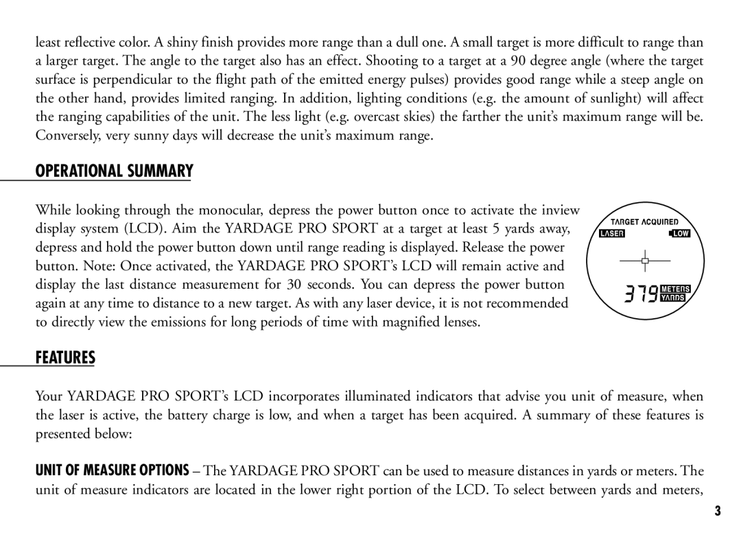 Bushnell 201921C, 201916CG manual Operational Summary, Features 