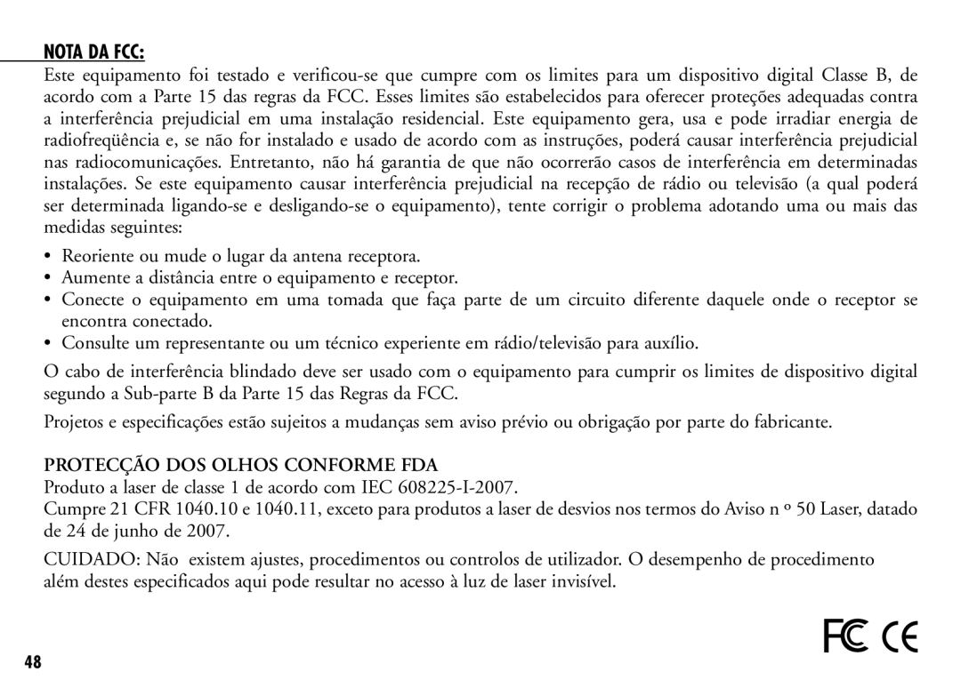 Bushnell 201921C, 201916CG manual Nota da FCC, Protecção dos olhos conforme FDA 