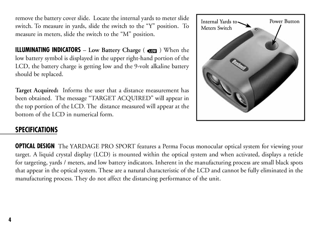 Bushnell 201921C, 201916CG manual Specifications 