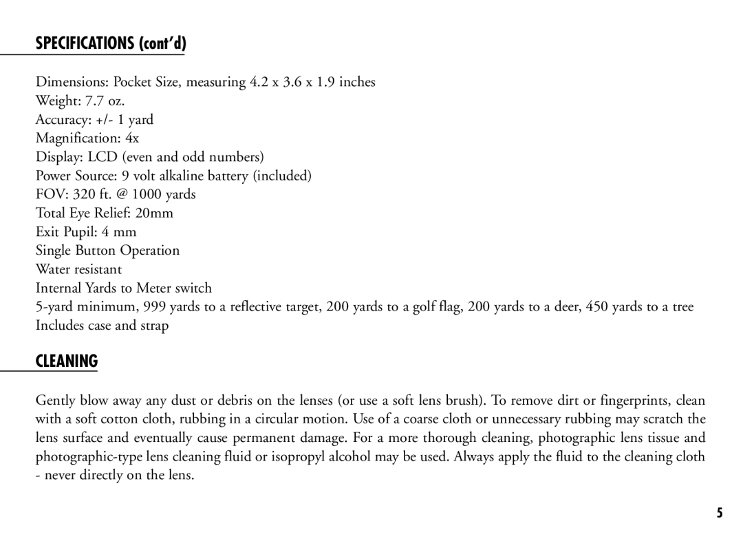 Bushnell 201921C, 201916CG manual Specifications cont’d, Cleaning 