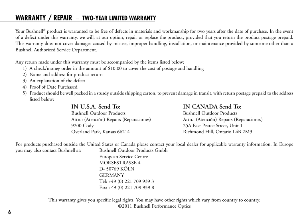 Bushnell 201921C, 201916CG manual Warranty / Repair TWO-YEAR Limited Warranty 