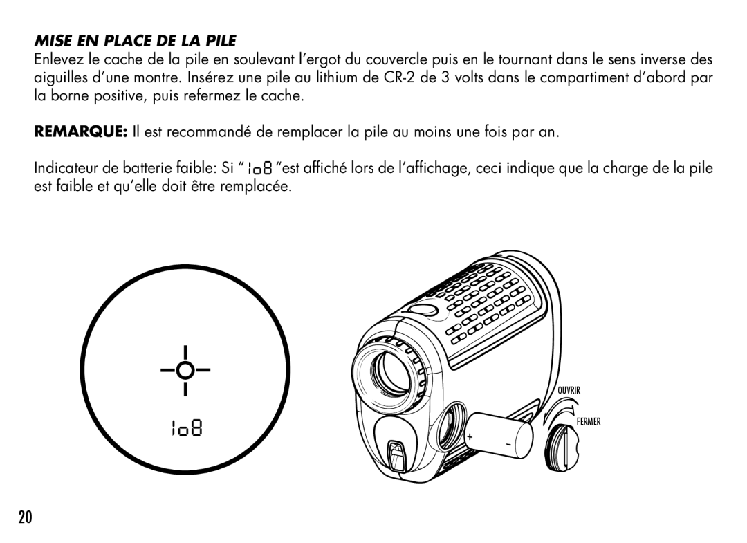 Bushnell 201929, 201930, 201928, 201933, 201940, 201927 manual Mise EN Place DE LA Pile 