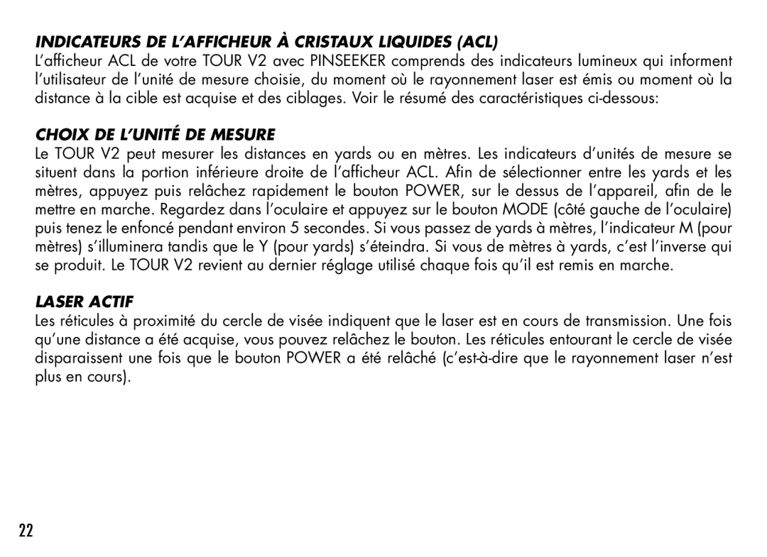 Bushnell 201940, 201930, 201928 Indicateurs DE L’AFFICHEUR À Cristaux Liquides ACL, Choix DE L’UNITÉ DE Mesure, Laser Actif 