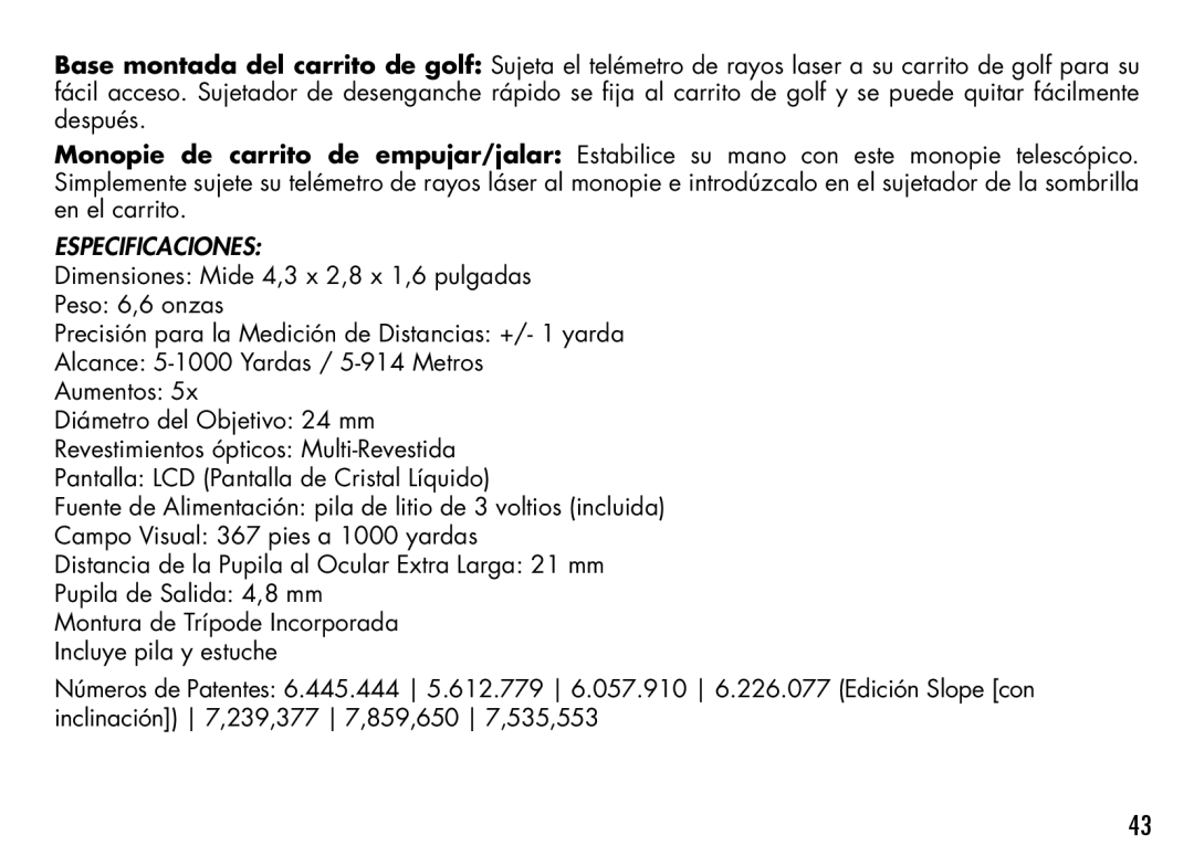 Bushnell 201928, 201930, 201929, 201933, 201940, 201927 manual Especificaciones 