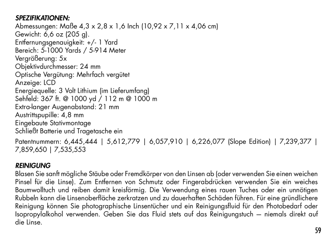 Bushnell 201927, 201930, 201928, 201929, 201933, 201940 manual Spezifikationen, Reinigung 