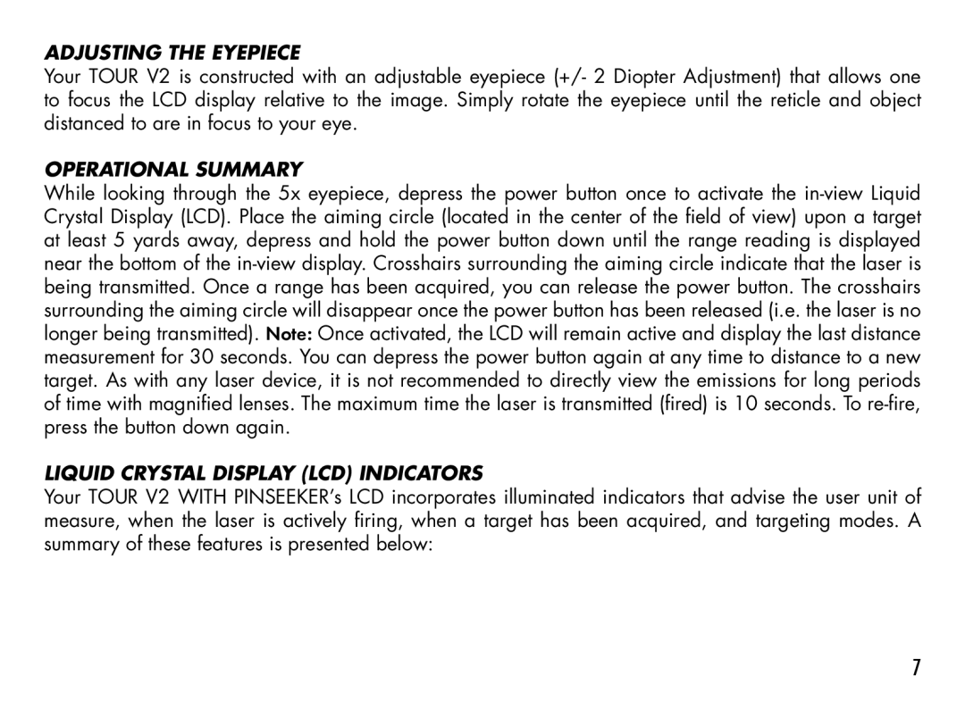 Bushnell 201928, 201930, 201929, 201933 Adjusting the Eyepiece, Operational Summary, Liquid Crystal Display LCD Indicators 