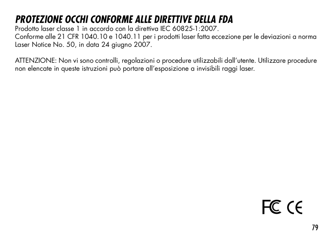 Bushnell 201928, 201930, 201929, 201933, 201940, 201927 manual Protezione occhi conforme alle direttive della FDA 