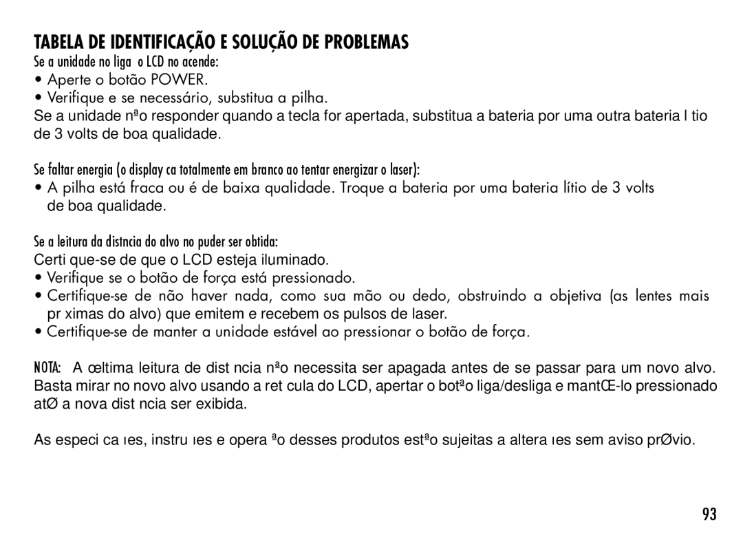 Bushnell 201933, 201930 Se a unidade não liga o LCD não acende, Se a leitura da distância do alvo não puder ser obtida 