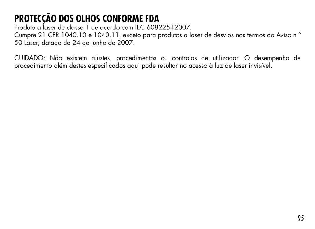 Bushnell 201927, 201930, 201928, 201929, 201933, 201940 manual Protecção dos olhos conforme FDA 